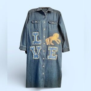 One-of-a-Kind Upcycled Denim Shirt Dress “LOVE” Horse Art – Size M
